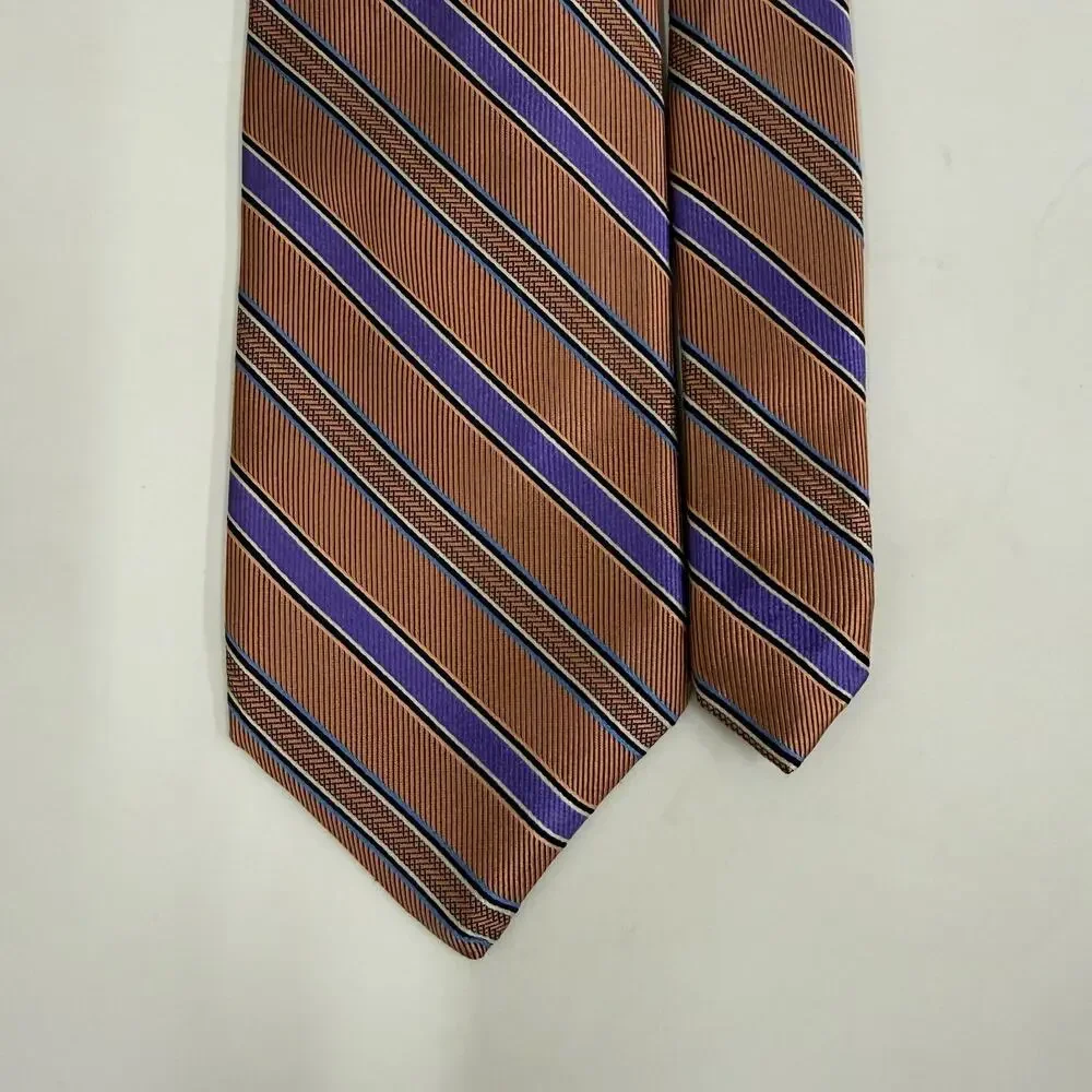 Robert Talbott Tan Purple Blue Stripe 100% Silk Tie Men's Repp Striped Classic U